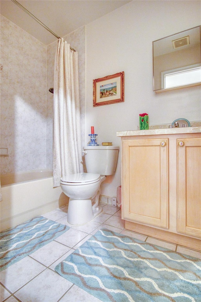 bathroom with visible vents, toilet, tile patterned flooring, shower / bathtub combination with curtain, and vanity