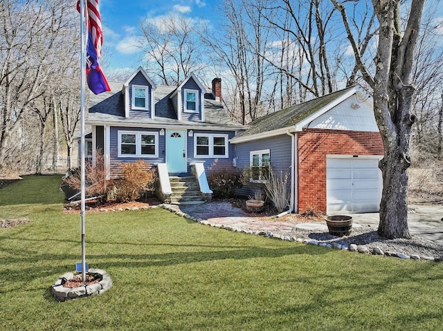 cape cod-style house with a front yard and brick siding