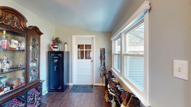 foyer entrance featuring lofted ceiling, baseboards, and dark wood finished floors