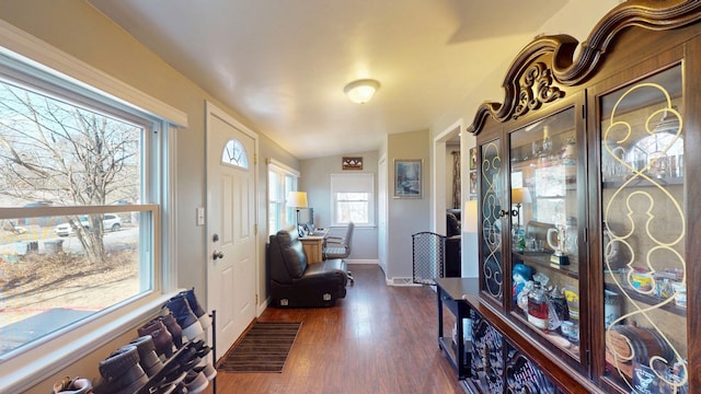 entrance foyer with vaulted ceiling, dark wood-type flooring, and baseboards