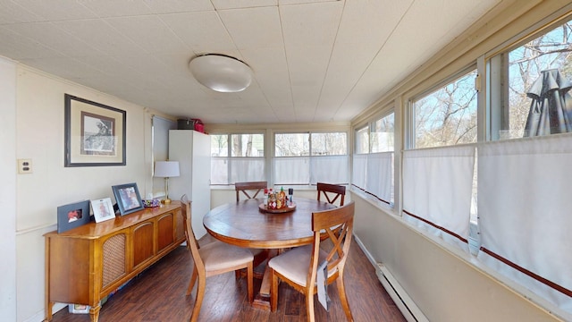 dining space featuring dark wood-style flooring, a baseboard radiator, and baseboards