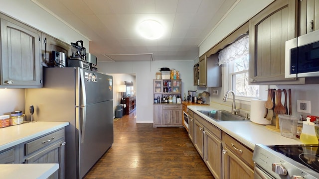 kitchen featuring stainless steel appliances, light countertops, a sink, and dark wood-style floors