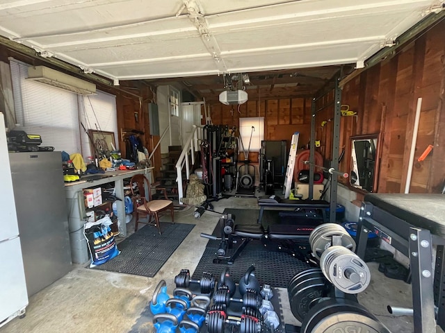 garage with a workshop area