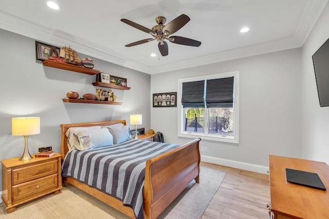 bedroom with ornamental molding, recessed lighting, light wood-style flooring, and baseboards