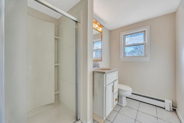 bathroom featuring a baseboard radiator, tile patterned flooring, toilet, vanity, and a shower stall