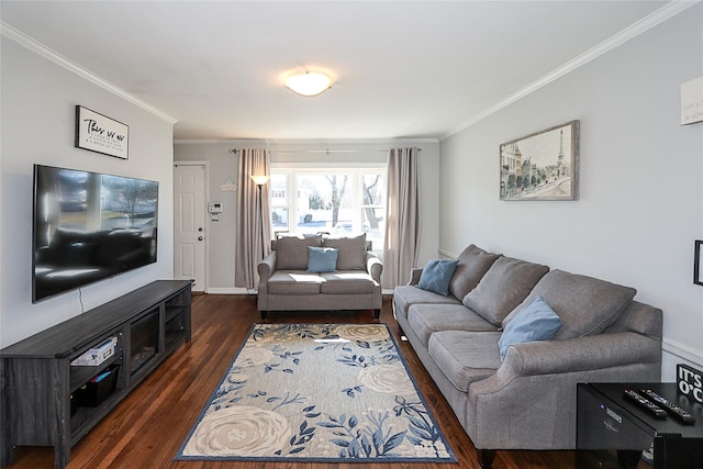 living room featuring dark wood-type flooring, crown molding, and baseboards