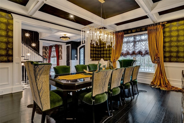 dining room with coffered ceiling, stairway, a chandelier, and dark wood finished floors