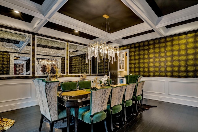 dining room with wallpapered walls, beamed ceiling, a chandelier, and wood finished floors