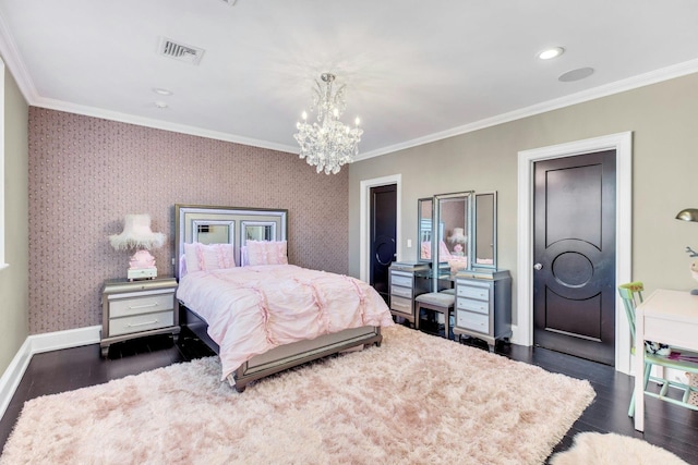 bedroom featuring wallpapered walls, ornamental molding, baseboards, and visible vents