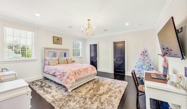 bedroom with dark wood-style flooring, a chandelier, crown molding, baseboards, and recessed lighting