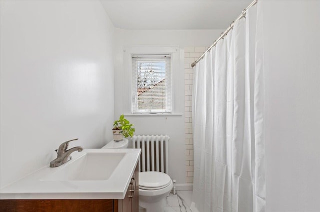 bathroom with vanity, radiator heating unit, curtained shower, toilet, and marble finish floor