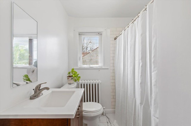 bathroom with toilet, a shower with shower curtain, radiator heating unit, marble finish floor, and vanity