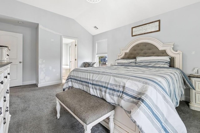 carpeted bedroom featuring lofted ceiling, visible vents, connected bathroom, and baseboards