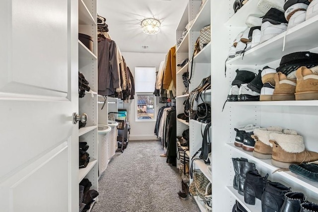 walk in closet featuring light carpet