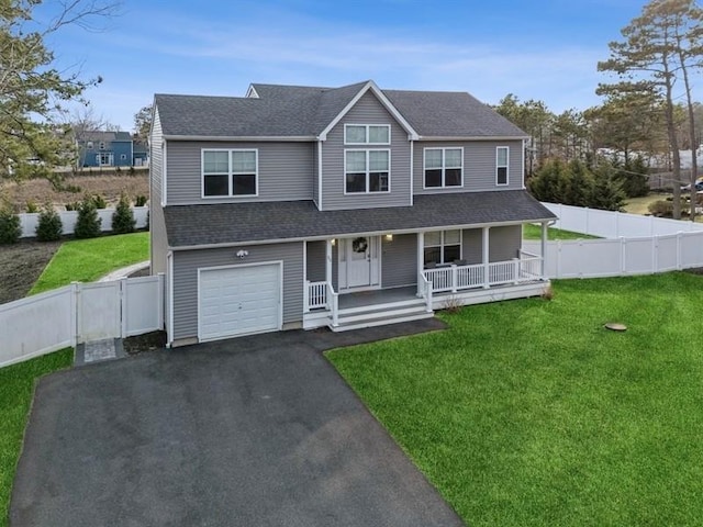 view of front facade featuring aphalt driveway, an attached garage, covered porch, fence, and a front yard