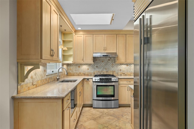 6 Agate Ave, Ossining, NY 10562 - kitchen with appliances with stainless steel finishes, light brown cabinets, a sink, and under cabinet range hood