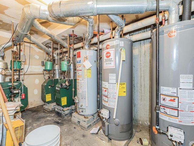 utility room with gas water heater and a heating unit