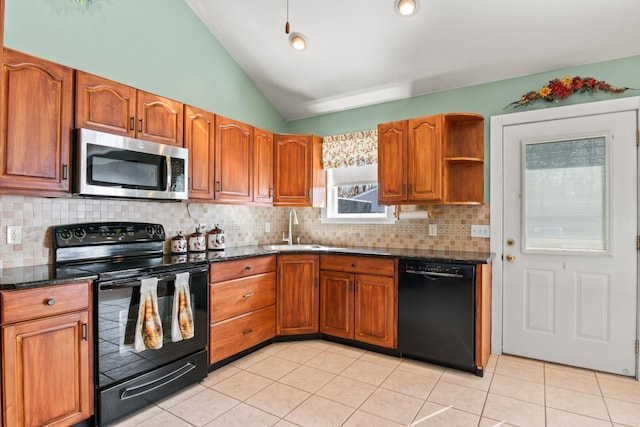 8 Rolling Woods Ln, Hampton Bays, NY 11946 - kitchen with black appliances, lofted ceiling, brown cabinets, decorative backsplash, and open shelves