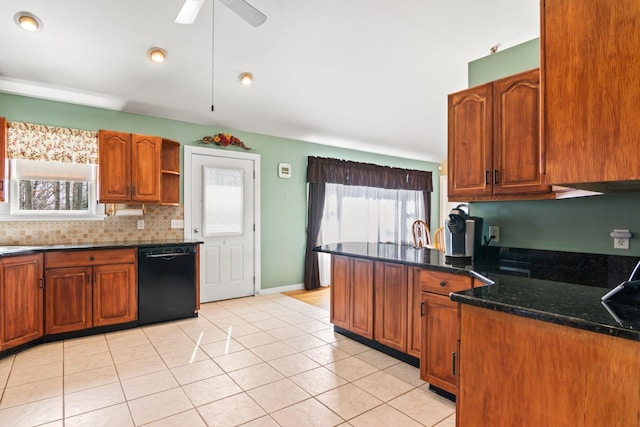 8 Rolling Woods Ln, Hampton Bays, NY 11946 - kitchen featuring black dishwasher, healthy amount of natural light, light tile patterned flooring, tasteful backsplash, and recessed lighting
