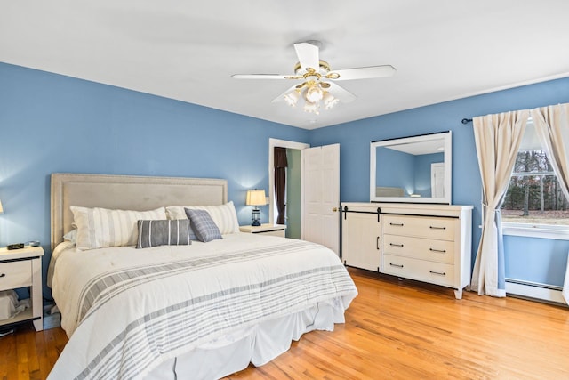 8 Rolling Woods Ln, Hampton Bays, NY 11946 - bedroom with light wood-style flooring, a ceiling fan, and a baseboard radiator