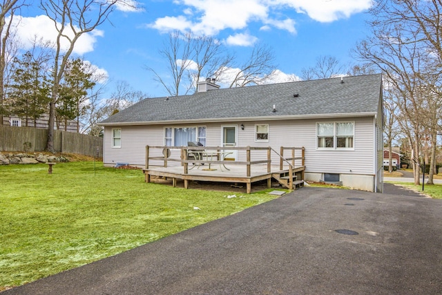 8 Rolling Woods Ln, Hampton Bays, NY 11946 - rear view of property featuring a wooden deck, a chimney, and roof with shingles