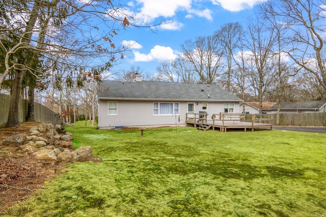 8 Rolling Woods Ln, Hampton Bays, NY 11946 - back of property featuring a wooden deck and a chimney
