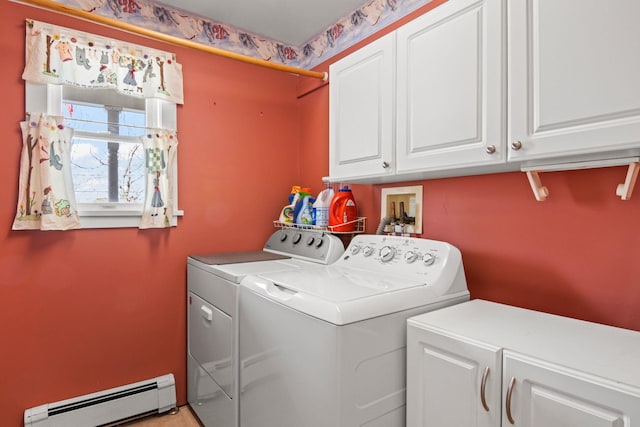 8 Rolling Woods Ln, Hampton Bays, NY 11946 - laundry room featuring a baseboard radiator, cabinet space, and washer and dryer