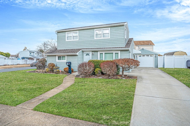 view of front of house with a garage, a front lawn, roof with shingles, and fence