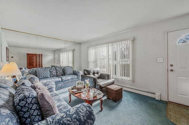 living room featuring a baseboard heating unit