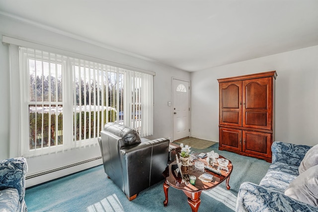 living area featuring carpet floors and a baseboard radiator