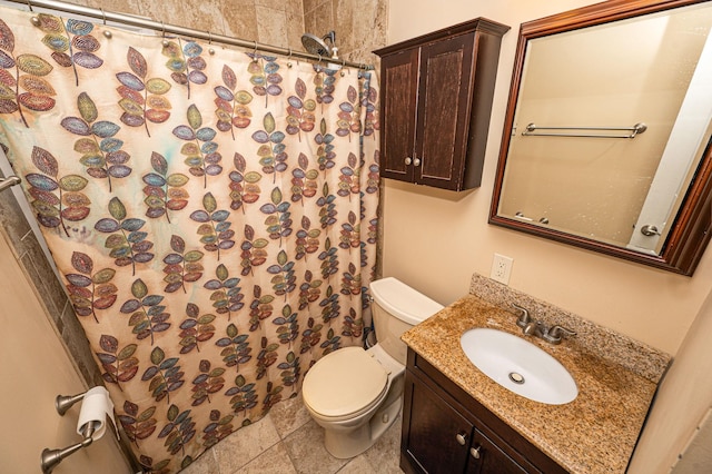 full bathroom with toilet, a shower with curtain, and vanity