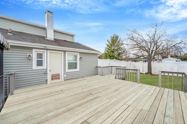 wooden deck with a fenced backyard and a yard