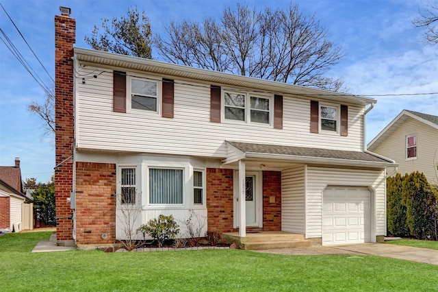 view of front of property featuring driveway, a chimney, a front lawn, and brick siding