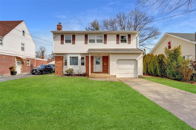 traditional-style house with a garage, brick siding, driveway, a chimney, and a front yard