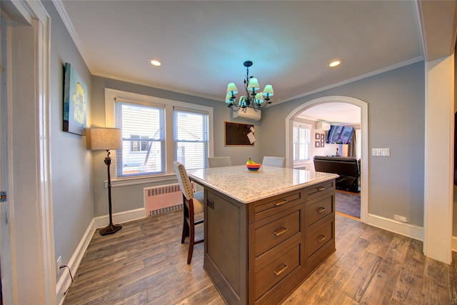 kitchen with dark wood-style flooring, ornamental molding, radiator heating unit, and baseboards