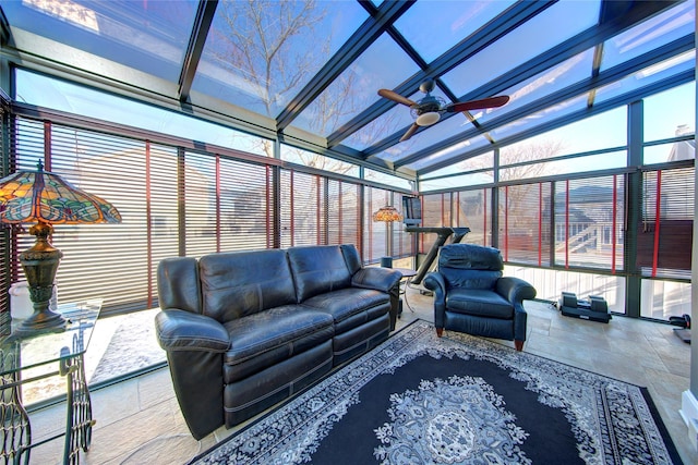 sunroom / solarium with vaulted ceiling and ceiling fan