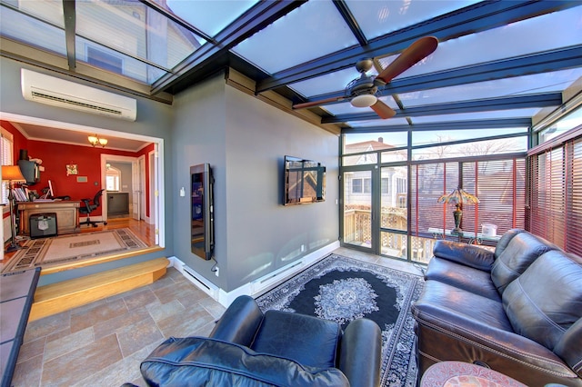 sunroom / solarium featuring a baseboard radiator, an AC wall unit, ceiling fan, and beam ceiling