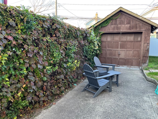 view of patio with a garage