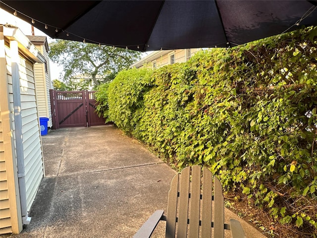 view of patio with fence and a gate