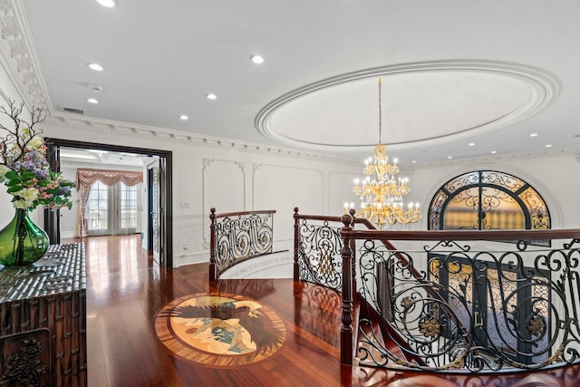 28 Whitney Cir, Glen Cove, NY 11542 - interior space featuring visible vents, a notable chandelier, wood finished floors, recessed lighting, and crown molding