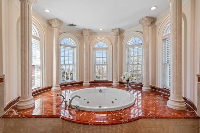 28 Whitney Cir, Glen Cove, NY 11542 - full bathroom featuring recessed lighting, decorative columns, a tub with jets, and visible vents