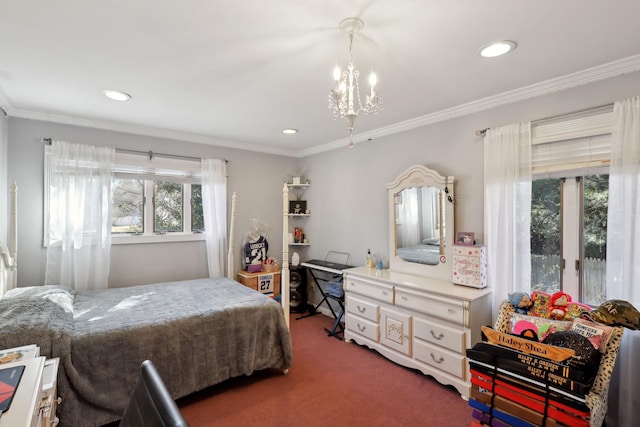 bedroom featuring a chandelier, dark colored carpet, recessed lighting, and crown molding