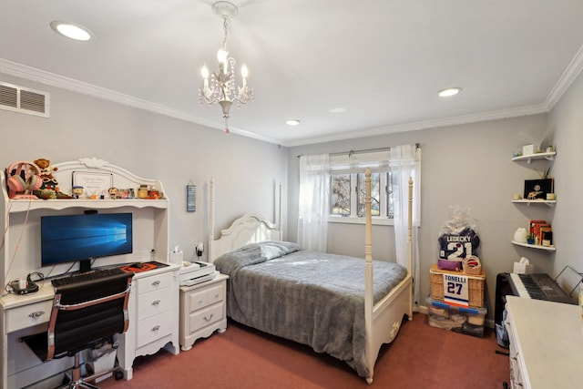 carpeted bedroom featuring recessed lighting, visible vents, crown molding, and a notable chandelier