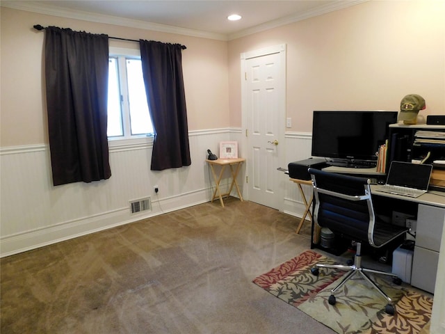 carpeted office space featuring recessed lighting, wainscoting, crown molding, and visible vents