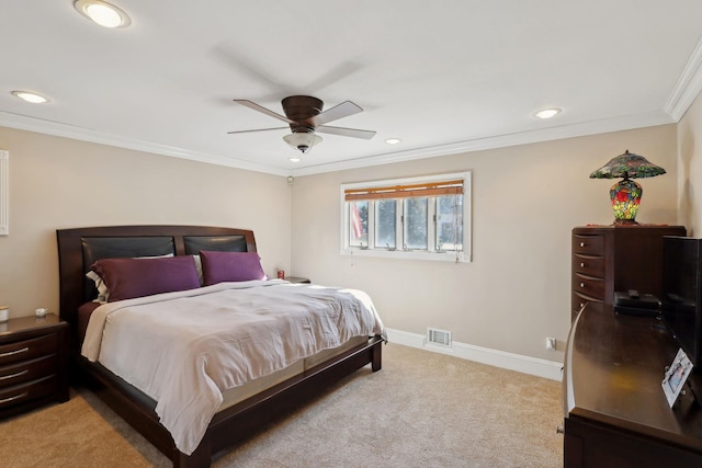 bedroom with crown molding, recessed lighting, light colored carpet, visible vents, and baseboards