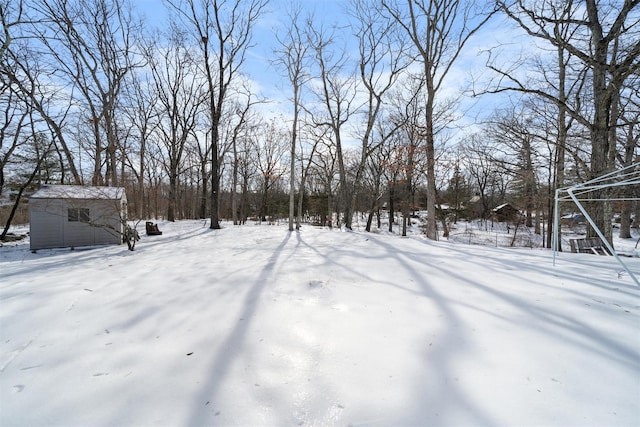 yard layered in snow with a shed and an outdoor structure