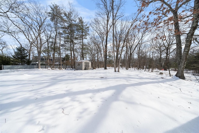 yard layered in snow featuring an outbuilding and a shed