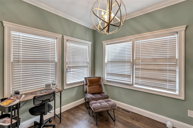 sitting room featuring baseboards, visible vents, wood finished floors, and ornamental molding