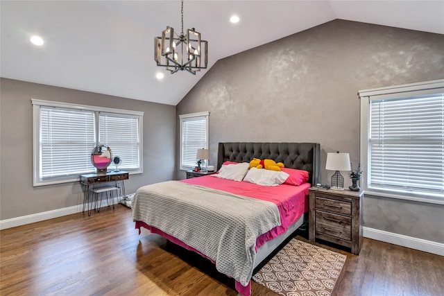 bedroom featuring recessed lighting, vaulted ceiling, baseboards, and wood finished floors