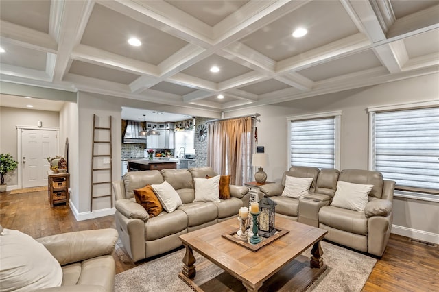 living room featuring dark wood-style flooring, coffered ceiling, and beam ceiling